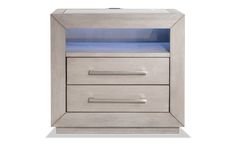 the night stand has two drawers on each side and one drawer is open with blue light