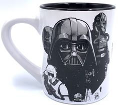 a star wars themed coffee mug with darth vader and storm troopers