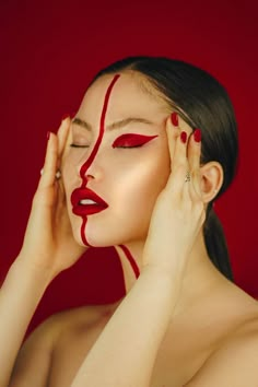 Editorial Makeup Photoshoot, Editorial Photography Makeup, Red Editorial Makeup, Starfield Library, Red Portrait, Graphic Makeup