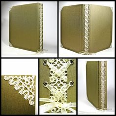 four different views of an open book with lace on the front and back cover, along with instructions for how to sew