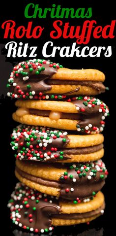 christmas roll - stuffed ritz crackers with chocolate frosting and sprinkles