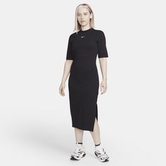 Classic and comfortable, this tight-fitting dress is an easy option you can dress up or down. Thick jersey fabric and a slit at the hem help you move freely throughout the day. Tight Midi Dress, Tight Fitted Dresses, Nike Tracksuit, Essential Dress, Black White Fashion, Shorts With Tights, White Midi Dress, Sportswear Women, Womens Midi Dresses