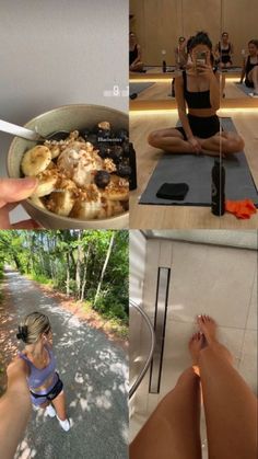 a collage of photos showing people doing different things in the same place, including food and water