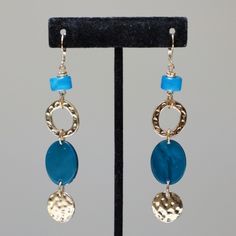 Blue And Gold Dangle Earrings With Jade-Like, Acrylic, And Gold Colored Accents. Product Color And Quality As Seen On A Monitor May Vary Slightly Compared To Actual Items Due To Photography Lighting Conditions. **The 2nd Photo Is Taken In Natural Light.** Blue Metal Drop Earrings, Blue Metal Jewelry For Beach, Formal Earrings, Gold Dangle Earrings, Golden Earrings, Croc Print, New York And Company, Gunmetal Grey, Gold Earrings Dangle