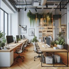 an office with desks, computers and plants