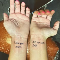 Mum And Dad Tattoos, Infinity Couple Tattoos, Mom Dad Tattoo Designs, Handwriting Tattoos, Small Wave Tattoo, Mum Tattoo, Cream Tattoo, Tiny Wrist Tattoos