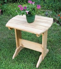 a potted plant sitting on top of a wooden table in the middle of grass