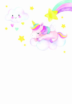 a drawing of a unicorn sleeping on top of a cloud with rainbows and stars