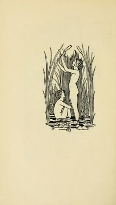 an old book with a drawing of two people in the water and one is holding a fish