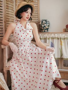 This price includes a dress, a big bow pin and a bowknot hairclip (not for sale).  This stunning piece features a captivating red polka dots print that exudes vintage charm. The dress is designed with a halter neck that gracefully ties into a big bow at the back, the backless design is complemented by an elasticated back and adjustable lace-up,   	 		 			Size 			S 			M 			L 			XL 			2XL 		 		 			Waist 			60-68 			66-74 			72-80 			78-86 			84-92 		 		 			Full Length 			112 			114 			116 			118 Polka Dot Pinup Dress For Summer, Summer Polka Dot Pinup Dress, Summer Pinup Polka Dot Dress, Polka Dots Fashion Vintage, 1950s Red Dress, Ladybug Fashion, Vintage Halter Dress, 1950s Dresses, Drama Class