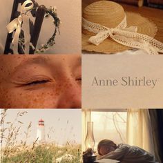 a collage of photos with the words anne shinley written in white on them