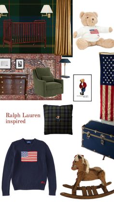 a collage of items including a rocking chair, teddy bear, and flag on the wall