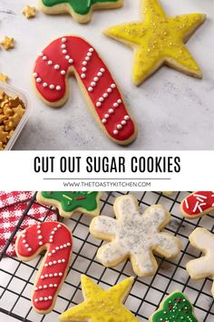 christmas sugar cookies on a cooling rack with the words cut out sugar cookies