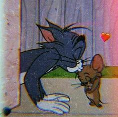 an animated image of a cat and a mouse in front of a window with hearts