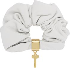 Grained sheepskin scrunchie in white. · Logo-engraved charm at length · D5.25 Supplier color: White Leather Scrunchie, Glossier Pink, Sandy Liang, Latest Hairstyles, Scrunchie Hairstyles, Printed Leather, Pastel Pink, Scrunchies, Apparel Accessories