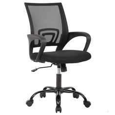 an office chair with wheels and black mesh back, viewed from the front angle on a white background