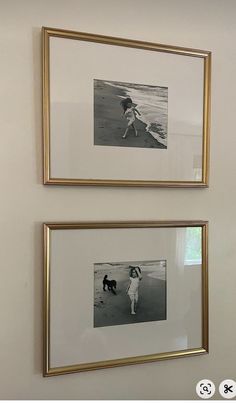 two framed pictures hanging on the wall next to each other, one with a dog