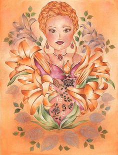 a painting of a woman with orange flowers in her hair and an orange dress on