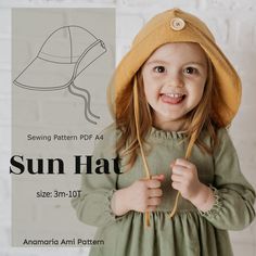 Sewing patterns and tutorials - sun hat PDF a4 pattern from  1 month up to 10y fabric: muslin, linen, cotton, recycled materials ★ Sewing instructions and patterns ★ 3 different sizes ★ designed for knit fabrics ★ longer back brim to protect the neck and face ★ Gr. 43-57cm. head circumference ★ for linen or muslin sun hats ★ for beginners and advanced users ★  easy to sew ★ with neck protection Create a trendy and stylish sun hat for your little one with this comprehensive digital pattern and se Rain Hat Pattern, Hat Sewing Patterns, Hat Sewing, Hat Patterns To Sew, Summer Pattern, Hat Summer, Sewing Skills, Summer Patterns, Sewing Gifts