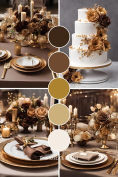 the table is decorated with gold and white flowers