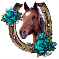 a brown horse with blue roses in front of it's face and an oval frame