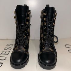 Brown Guess Boots Designer Ankle Moto Boots, Luxury Lace-up Boots With Round Toe For Fall, High-top Boots With Branded Heel Counter For Fall, Designer Studded Rubber Outsole Boots With Round Toe, White High Heel Boots, Heel Combat Boots, Guess Boots, Lug Boots, Guess Heels