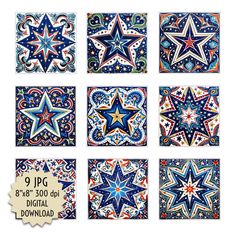 six different designs with stars on them in blue, red and white colors are shown