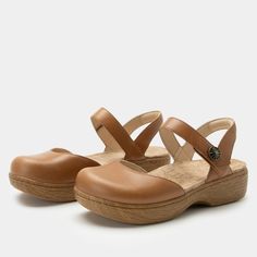 Opal Latte mary jane shoe on a Wood look rocker outsole | Mary jane style with a tan leather upper. Alegria Shoes, Cute Charms, Sling Back, Back Strap, Rocker, Clogs, Leather Upper, Opal, Stain