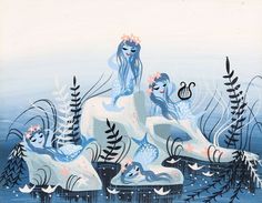 a painting of two mermaids sitting on icebergs in the middle of water