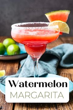 watermelon margarita with limes and sugar on the rim