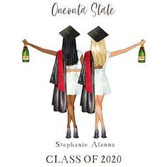 two women in graduation gowns are holding wine bottles with the words class of 2020 written on them