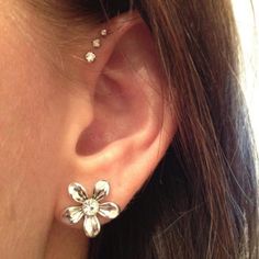 a close up of a person's ear with flowers on it