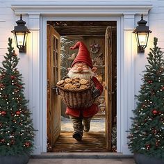 an image of santa clause coming out of the door with food in his basket and christmas trees behind him