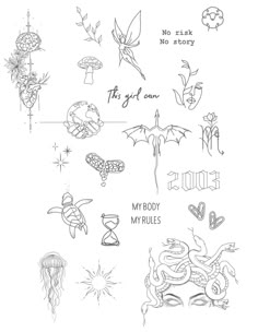 an ink drawing of various tattoos and designs on white paper with the words, i'm