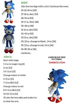 an image of sonic the hedgehog and other stuffed animals with instructions for how to sew them