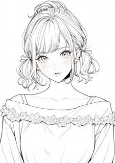 a drawing of a girl with long hair and bangs, wearing a white dress in front of