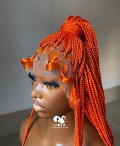 bright orange box braids.small in size braids long length  neat rows with lace front and baby hairs offering a natural hairline. creating soft baby hairs for a more realistic look. The vibrant orange color is bold and eye-catching, adding a striking contrast against the dark skin tone of our queens This wig is made with  human hair extensions and synthetic for braiding to make it durable giving it a smooth, polished appearance. WIG SIZE M✅ LENGTH 40inch ✅ FULL LACE WIG✅ Neon Orange Braids, Box Braids Orange, Lace Wig Black Women, Wig Black Women, Orange Box, Baby Hairs, Braided Wig, Braids For Black Women, Braids Wig