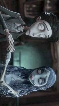 the corpse bride is being held up by a man with long hair and wearing a white mask