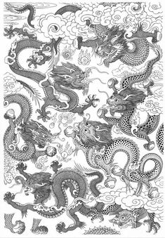 black and white drawing of two dragon in the sky, with clouds above each other