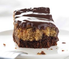 a piece of chocolate cake on a white plate with a fork in front of it