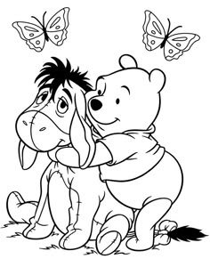 winnie the pooh and piglet with butterflies on their backs coloring pages for kids