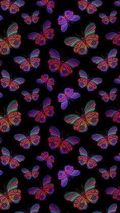 many colorful butterflies on a black background