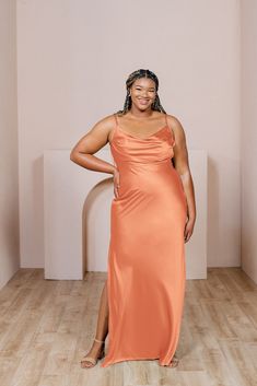 Model: Ashtyn; Size: 20 Tall Orange Silk Bridesmaid Dress, Elegant Sleeveless Orange Slip Dress, Elegant Orange Sleeveless Slip Dress, Elegant Orange Evening Slip Dress, Revelry Skye Satin Dress, Party Fits, Dress Silhouette, Bra Cups, Popular Style