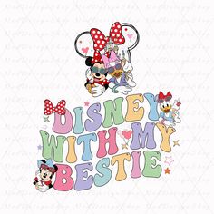 mickey and minnie mouse with the words disney written in it's uppercases