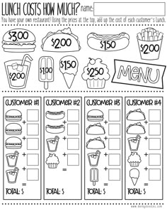 the lunch cost worksheet for kids