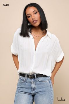 The styling possibilities are endless with the Lulus Everlee White Striped Button-Up Top! Semi-sheer woven fabric, with a subtle striped pattern, shapes this cute top with a collared neckline and short, cuffed sleeves. Relaxed bodice, with a full button placket down the front, tucks perfectly into your favorite high-waisted bottoms thanks to a rounded hem that's slightly longer at back. Camisole not included. Fit: This garment fits true to size. Length: Above mid-thigh. Size medium measures 26.5 Short Sleeve Shirt Outfit, Button Down Outfit, White Short Sleeve Shirt, School Clothes, Comfortable Room, Black Joggers, Casual Summer Outfit, Cute Top, Short Sleeve Button Up