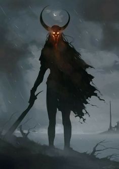 a demon standing on top of a hill in the rain with long hair and horns