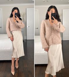 Sezane Petite Reviews: Cardigans, Sweaters + Trench Coat Cardigan Skirt Outfit, Skirt And Cardigan Outfit, Chunky Cardigan Outfit, Dress And Cardigan Outfit, Slip Skirt Outfit, Outfit Feminine, Knit Skirt Outfit, Winter Birthday Outfit, Grad Outfits