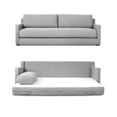 the couch and bed are shown in two different positions, each with a pillow on it