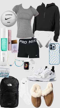 the contents of a woman's travel bag including sports gear